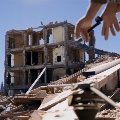 An image showcasing a trained expert examining the structural integrity of a water-damaged residential building