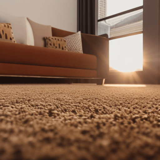 An image showcasing a serene living room with a freshly cleaned carpet, highlighted by sunrays streaming through the window