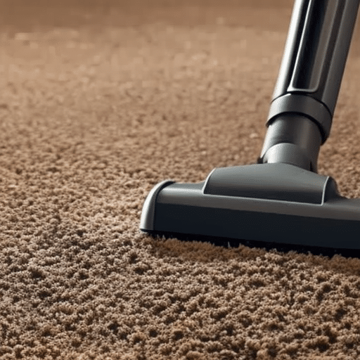 An image showcasing a clean, luxurious carpet with a magnified view of microscopic mold spores being eradicated by a powerful vacuum cleaner, emphasizing the importance of regular carpet cleaning in preventing mold and mildew growth