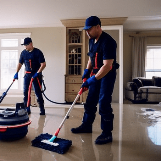 An image showcasing a team of skilled professionals meticulously cleaning and restoring a water-damaged home