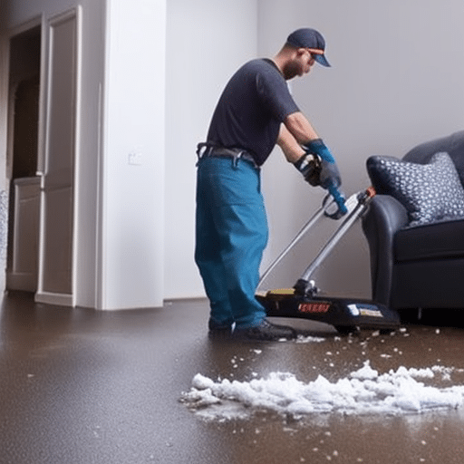 An image showcasing a professional water damage restoration technician using specialized equipment to meticulously inspect a residential property for signs of water damage, such as damp walls, warped flooring, and mold growth
