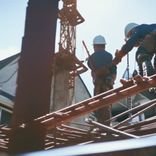 An image depicting a skilled technician inspecting the foundation of a house, with specialized equipment in hand, surrounded by scaffolding, concrete, and construction tools, highlighting the process of structural repairs and restoration