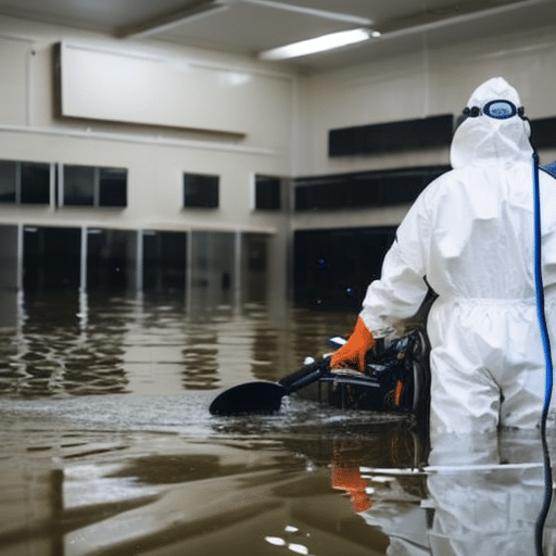 An image of a seasoned professional in protective gear thoroughly inspecting a flooded room with advanced equipment, highlighting the importance of their expertise in detecting hidden water damage and preventing further structural issues